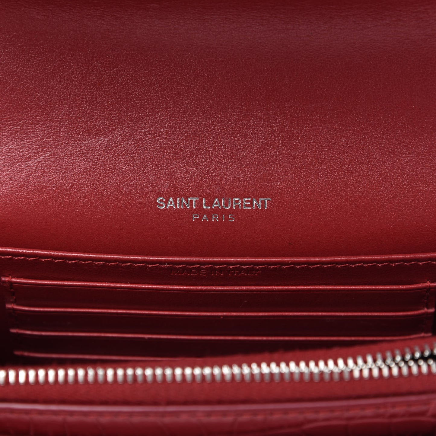 Calfskin Crocodile Embossed Monogram Sunset Chain Wallet New Lipstick Red