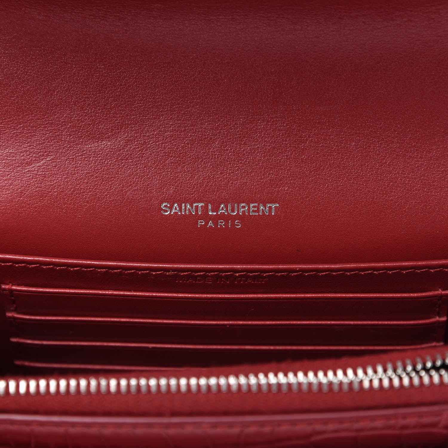 Saint Laurent Calfskin Crocodile Embossed Monogram Sunset Chain Wallet New Lipstick Red 8 of 9