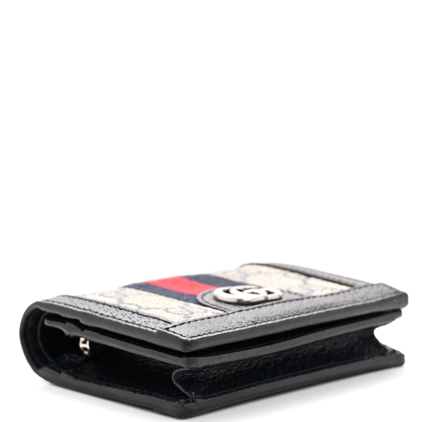 GG Supreme Monogram Textured Dollar Calfskin Web Ophidia Card Case Beige Blue