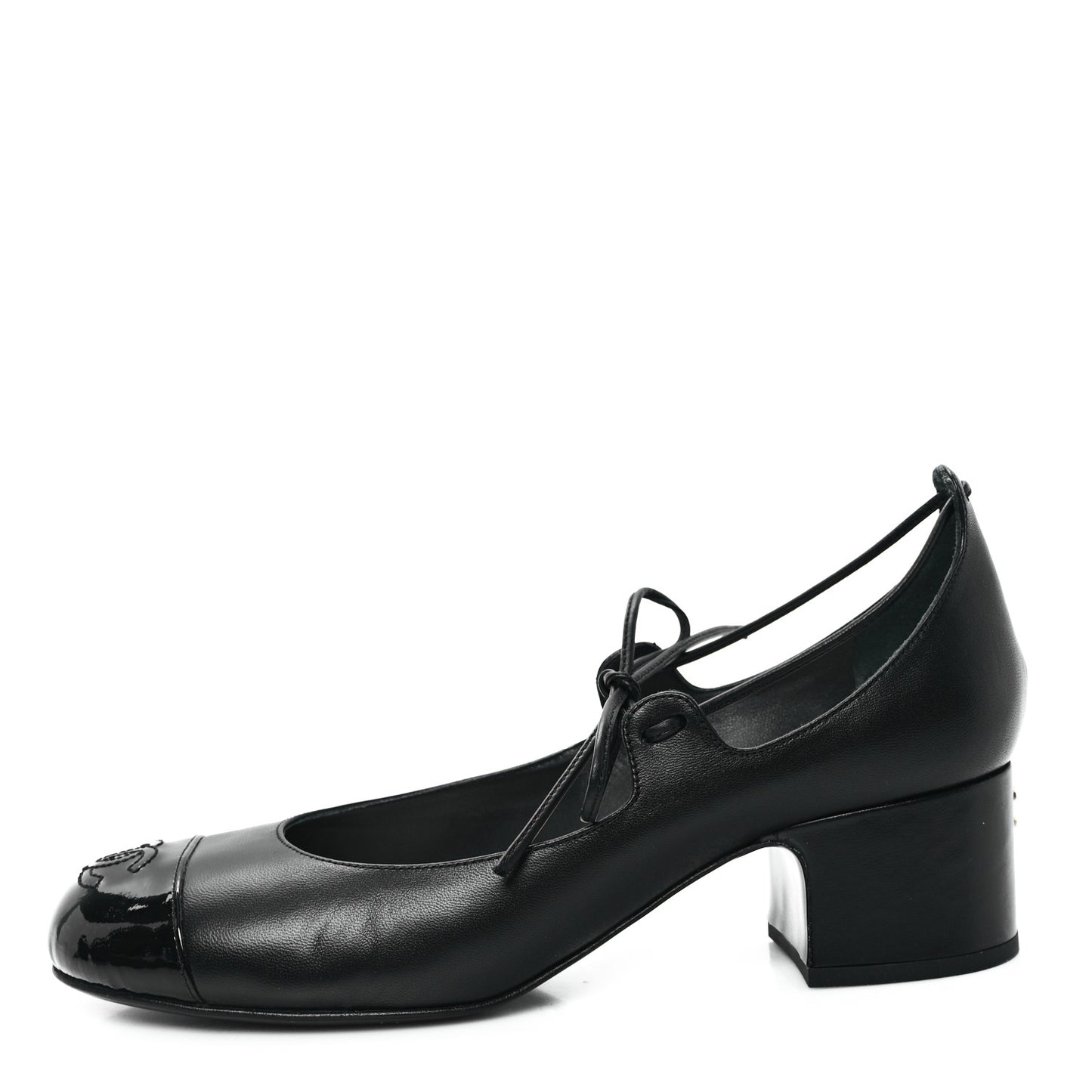Lambskin Patent Cap Toe CC Mary Jane Pumps 38 Black