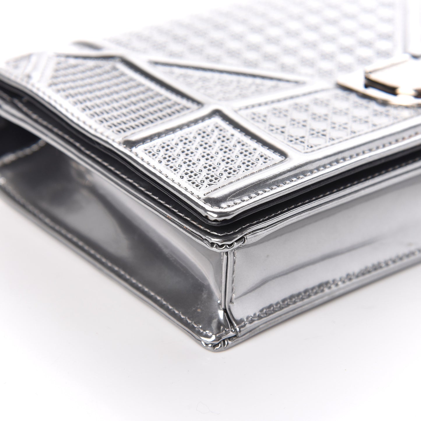 Metallic Patent Micro-Cannage Diorama Wallet on Chain Pouch Silver