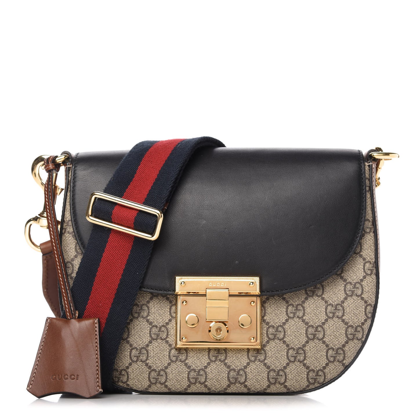 GG Supreme Monogram Web Medium Padlock Messenger Shoulder Bag Black