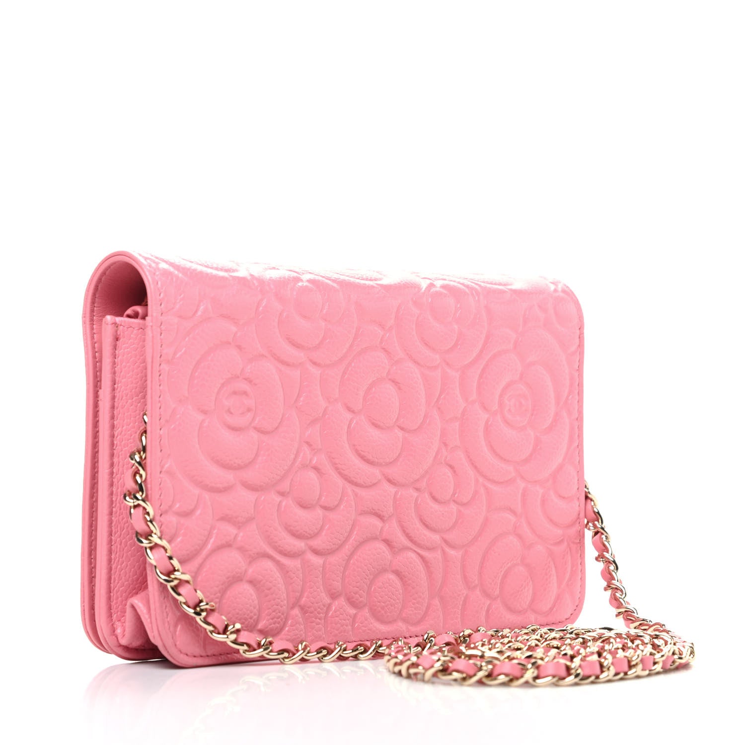 Chanel Lambskin Camellia Embossed Wallet On Chain WOC Pink 3 of 9