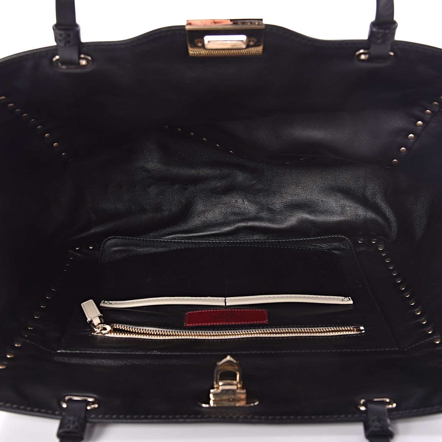 Valentino Garavani Vitello Monochrome Medium Rockstud Tote Black Light Ivory 7 of 16