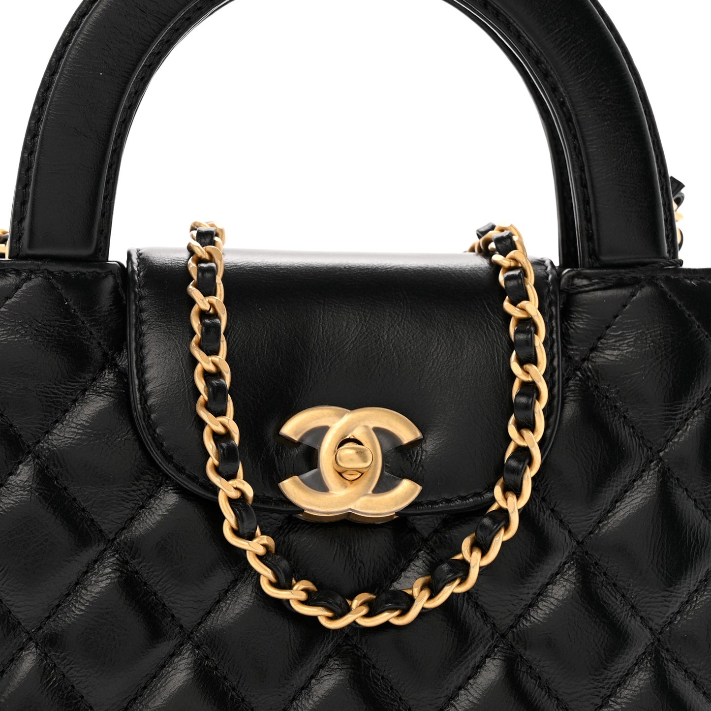 Shiny Aged Calfskin Quilted Nano Kelly Shopper Black
