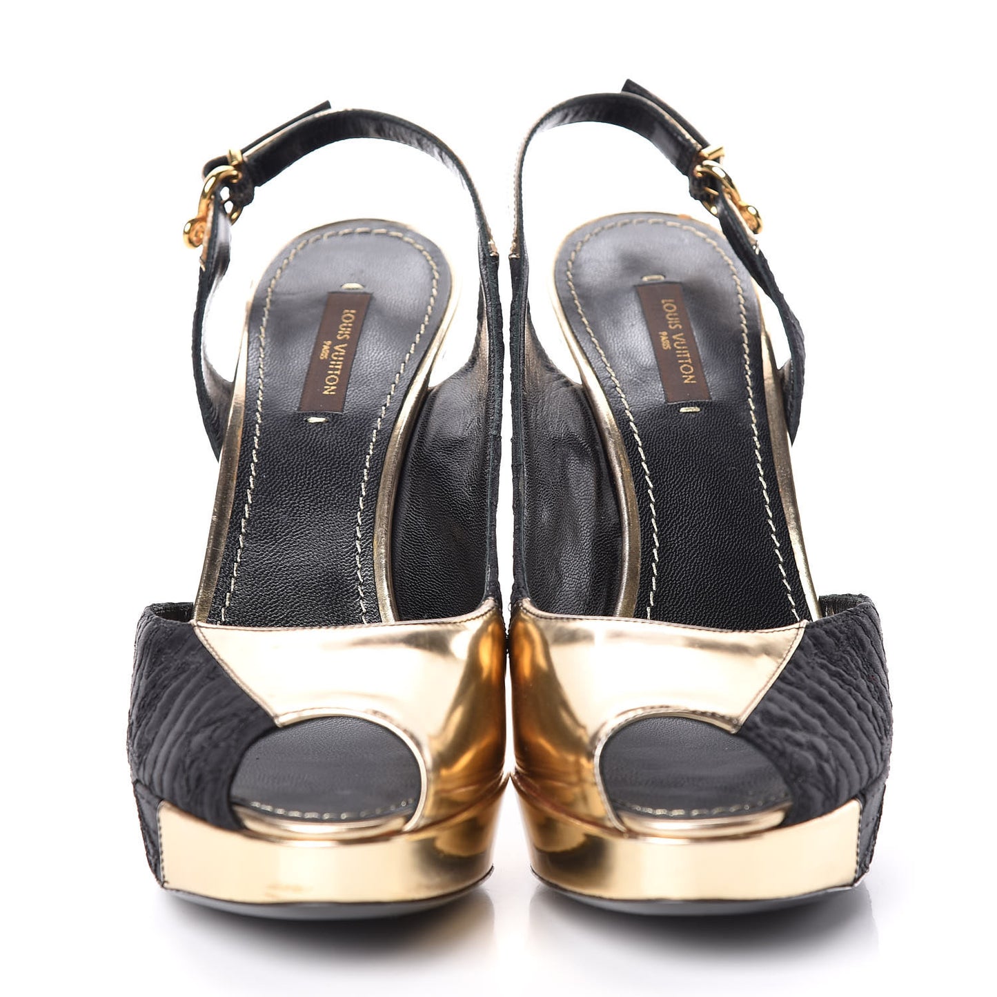 Satin Monogram Motard Piccadilly Platform Slingback Pumps 37.5 Black Gold