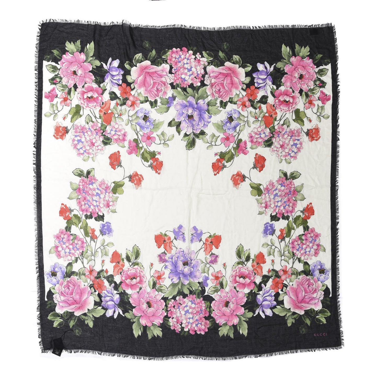 Wool Silk Rising Flowers Square Shawl White