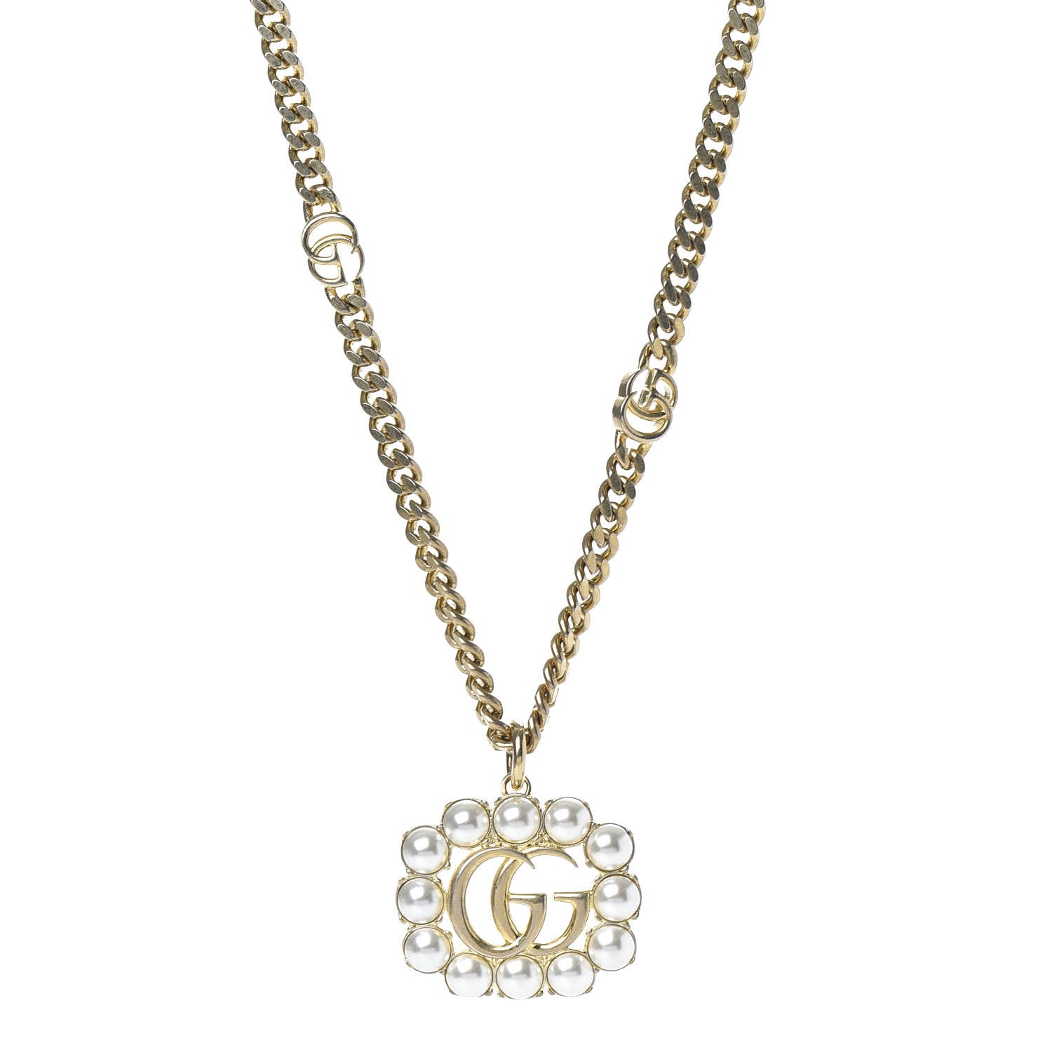 Gucci Pearl Embellished Double G Necklace Aged Gold 1 of 5