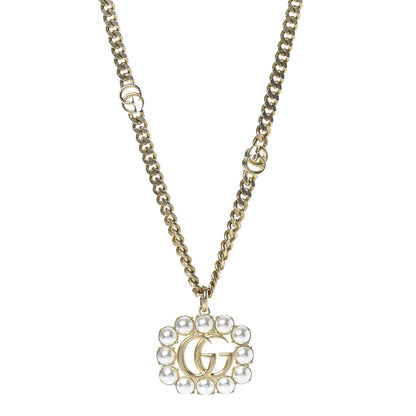 Gucci Pearl Embellished Double G Necklace Aged Gold 1 of 5
