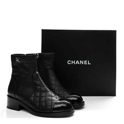 Chanel Calfskin Patent Quilted Cap Toe Short Boots 37.5 Black 19 of 20