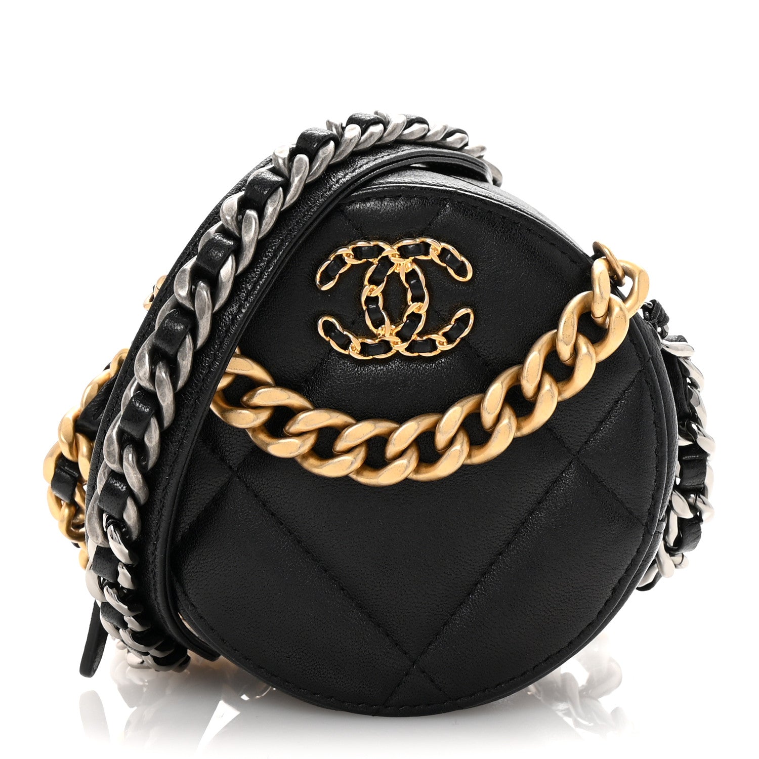 Chanel Shiny Goatskin Quilted Chanel 19 Round Clutch With Chain Black 1 of 10