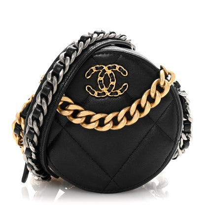 Chanel Shiny Goatskin Quilted Chanel 19 Round Clutch With Chain Black 1 of 10