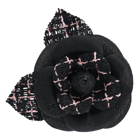 Tweed Fabric Camellia Pin Brooch Black Pink