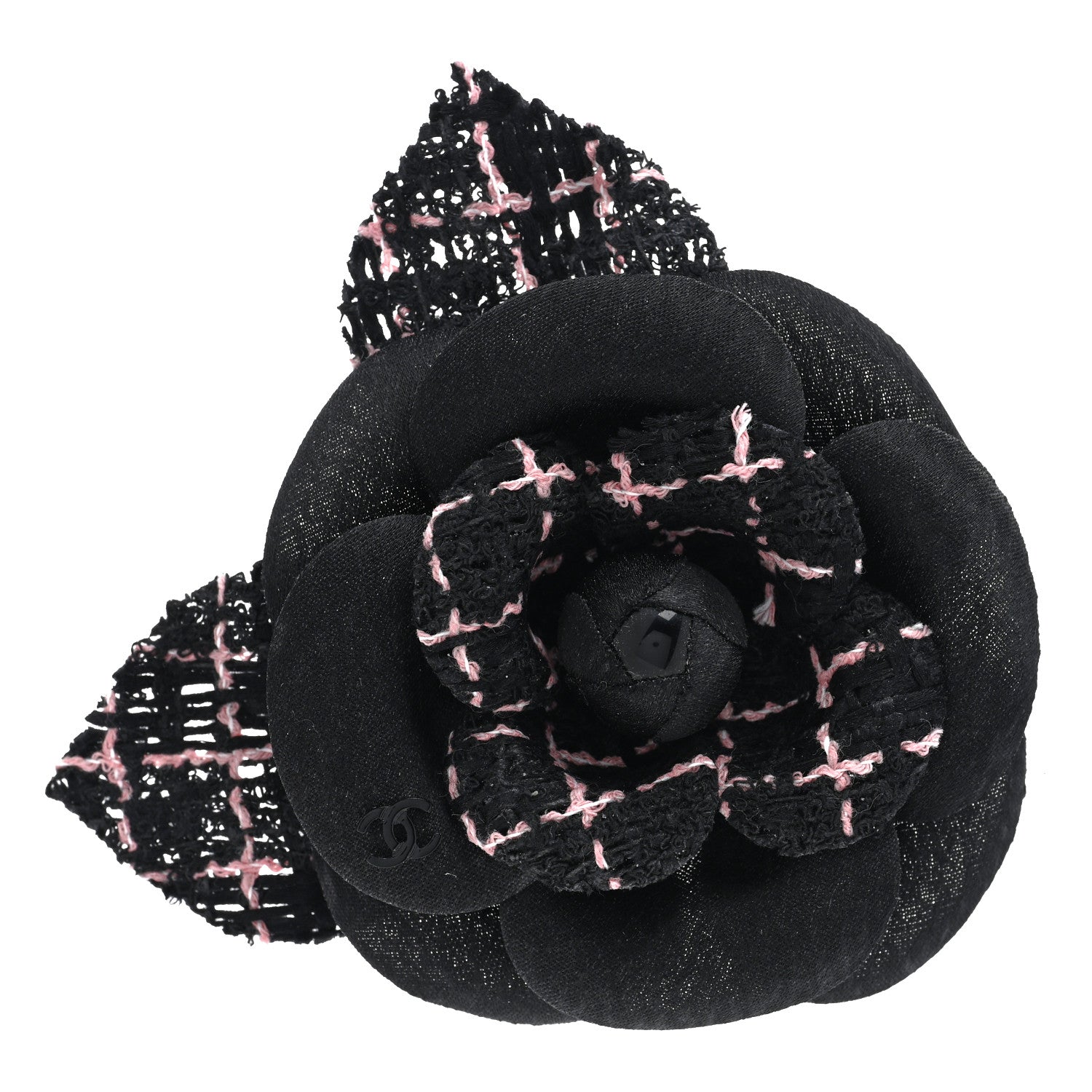 Chanel Tweed Fabric Camellia Pin Brooch Black Pink 1 of 3