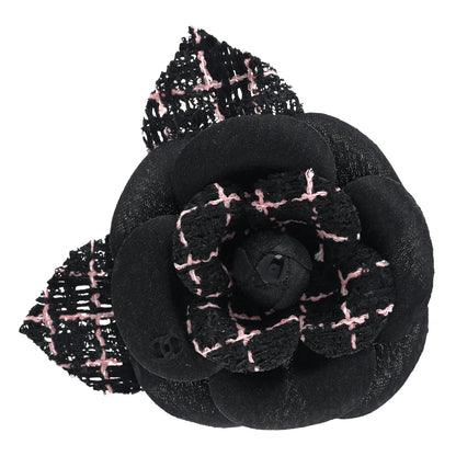 Chanel Tweed Fabric Camellia Pin Brooch Black Pink 1 of 3