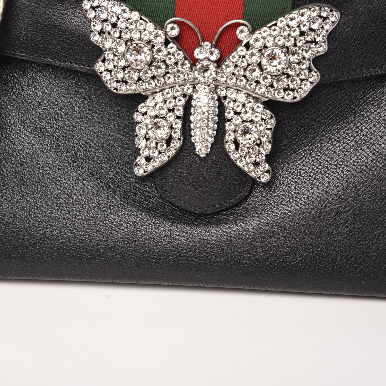 Gucci Grained Calfskin Web Crystal Butterfly Stripe Medium Totem Top Handle Bag Black 10 of 10
