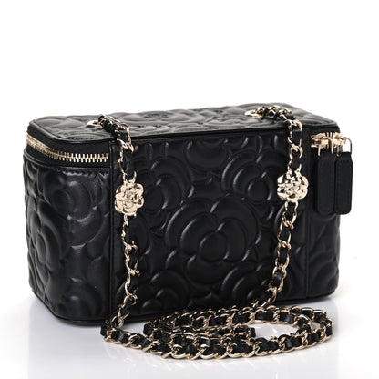 Chanel Lambskin Camellia Embossed Small Vanity Case With Chain Black 2 of 4