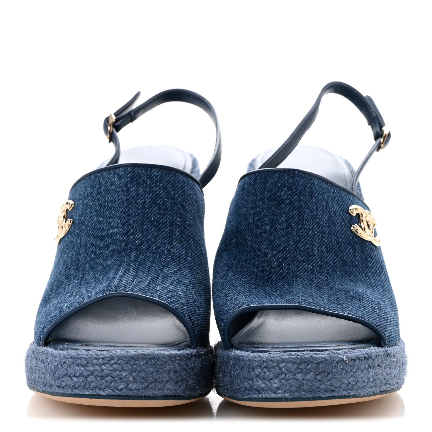 Chanel Washed Denim Braided Cord Wedge Sandals 37 Blue 1912513