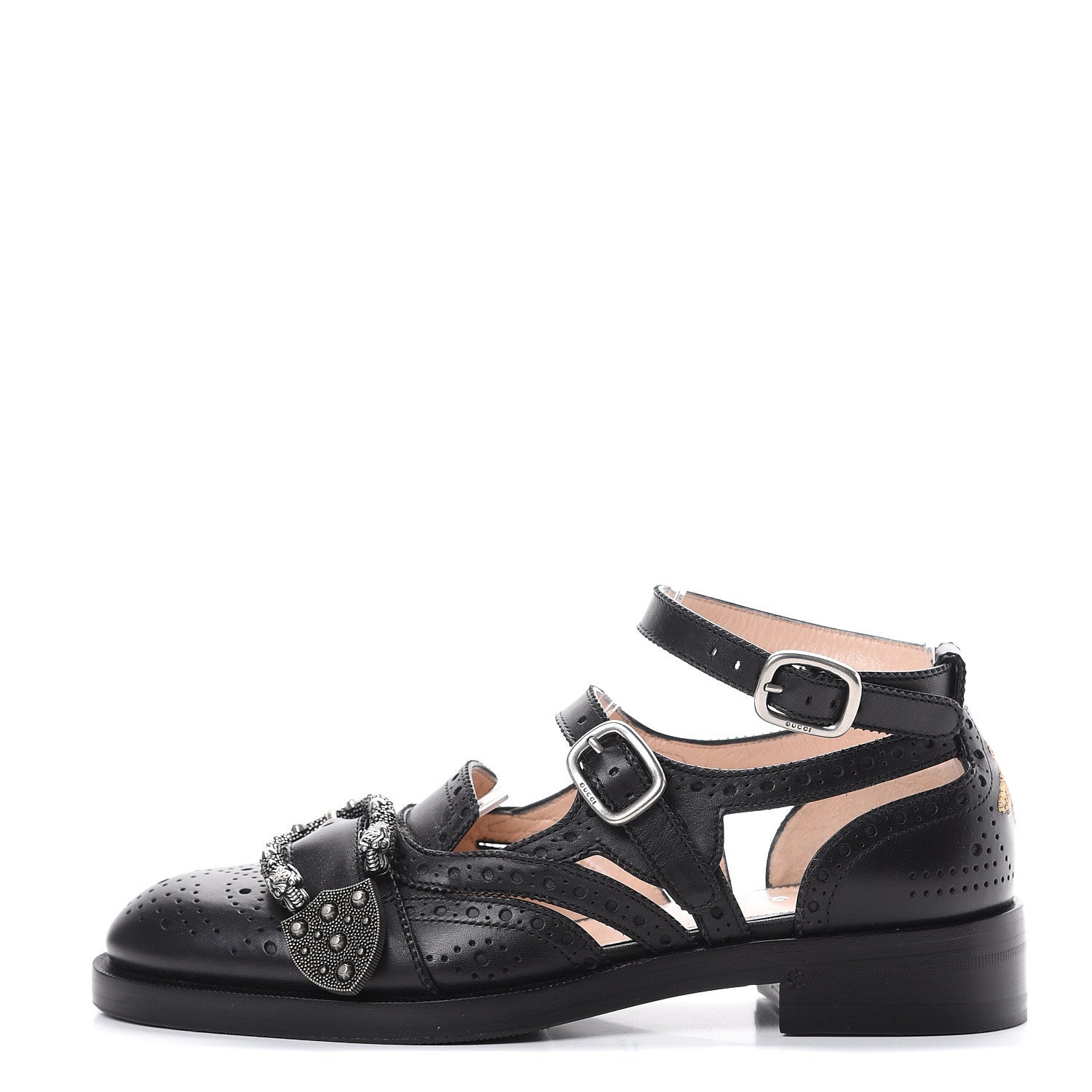 Gucci Calfskin Bee Embroidered Womens Queercore Brogue Wingtip Monk Strap Loafers 36.5 Black 1 of 8