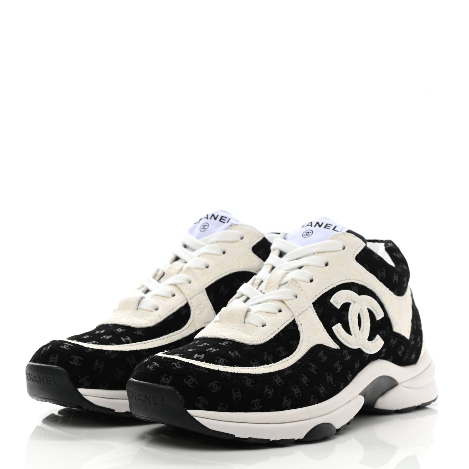 Chanel Printed Suede Calfskin Womens Sneakers 38 Black White 3 of 9