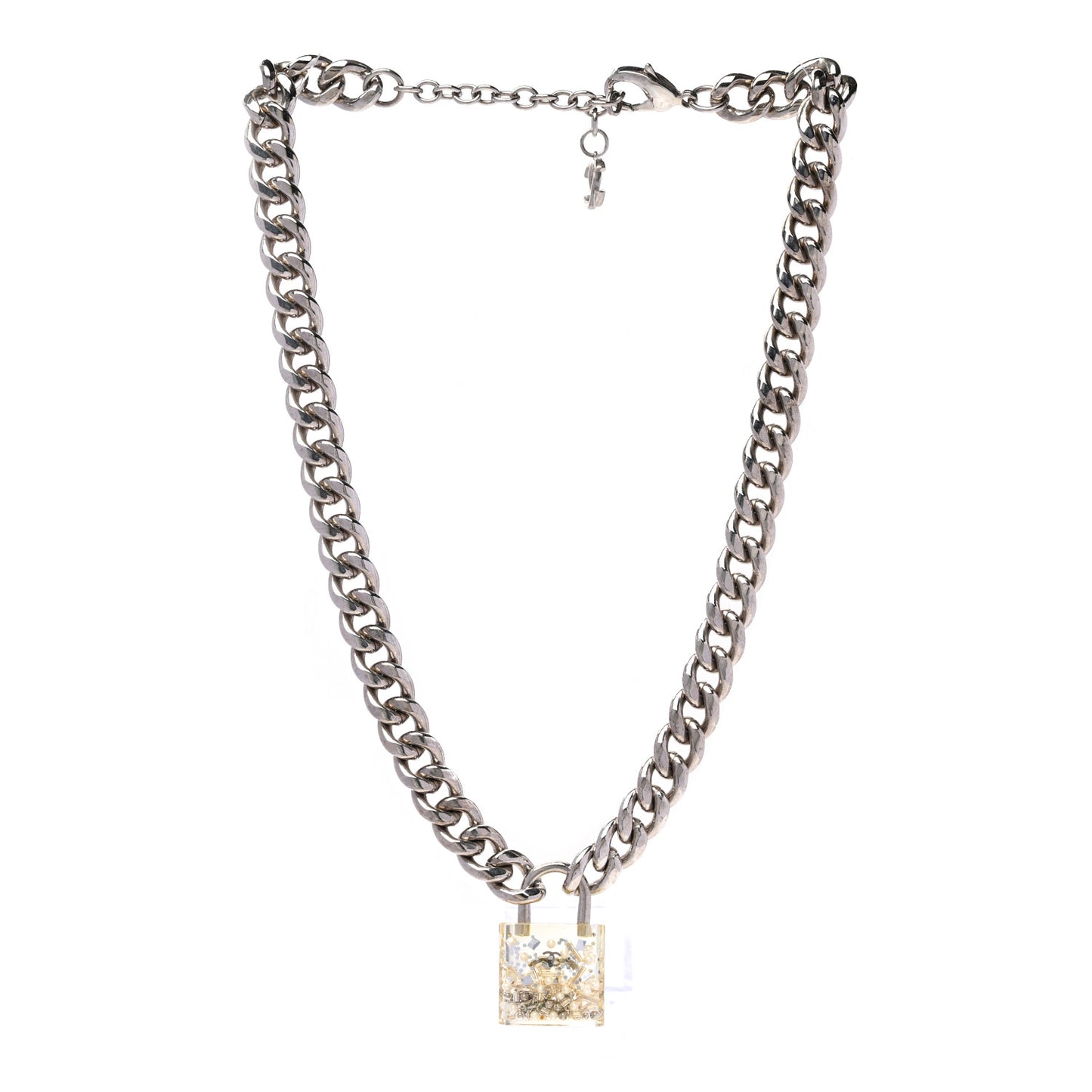 Resin CC Oversized Padlock Chain Necklace Silver Pearly White