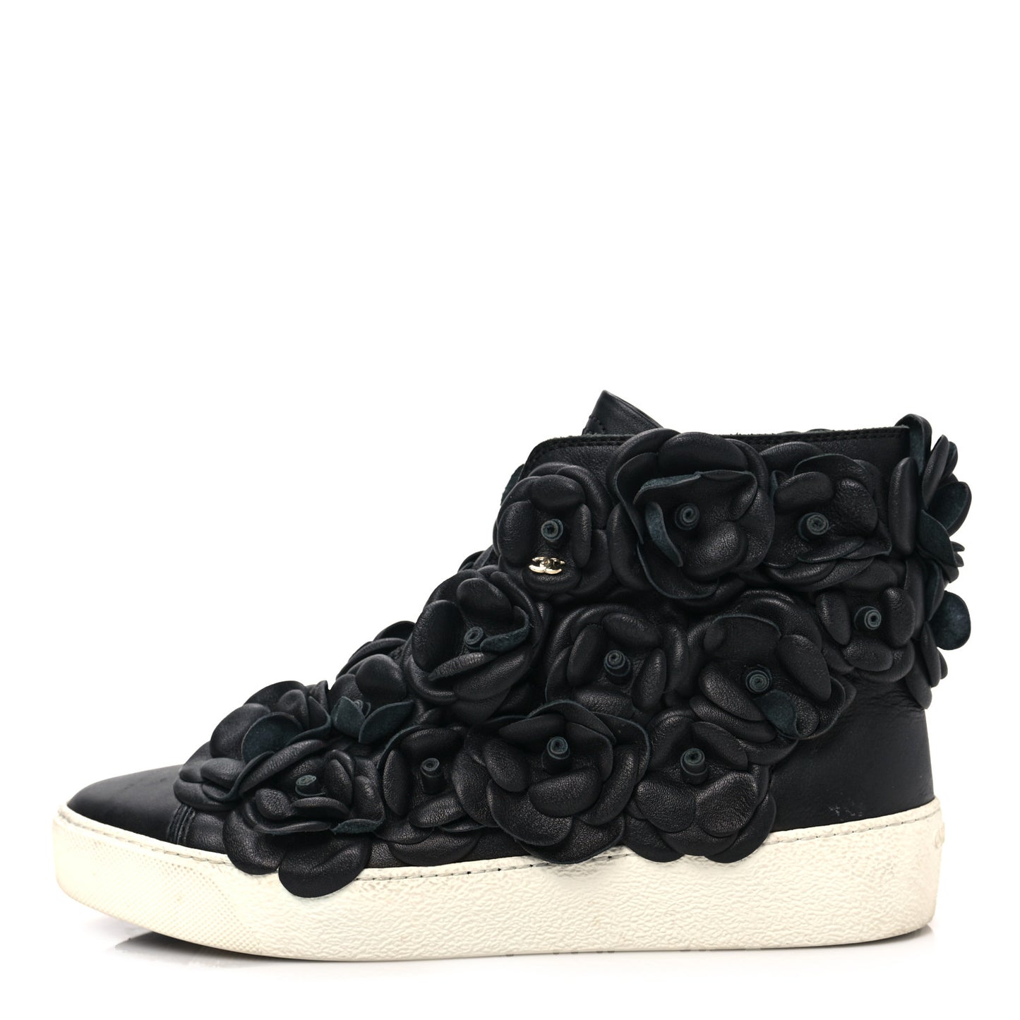 Calfskin Camellia High Top Sneakers 37 Black
