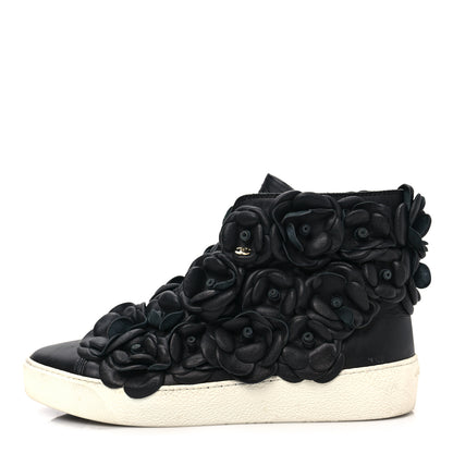 Chanel Calfskin Camellia High Top Sneakers 37 Black 1 of 7