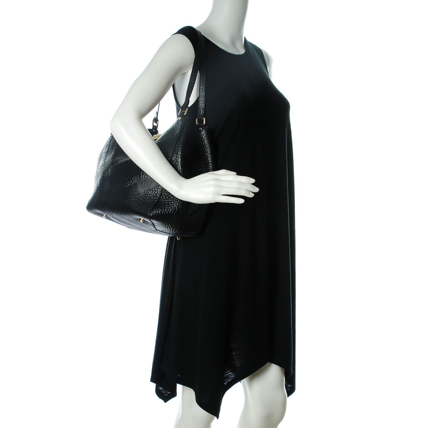 Signature Grain Calfskin Check Embossed Small Canter Tote Black