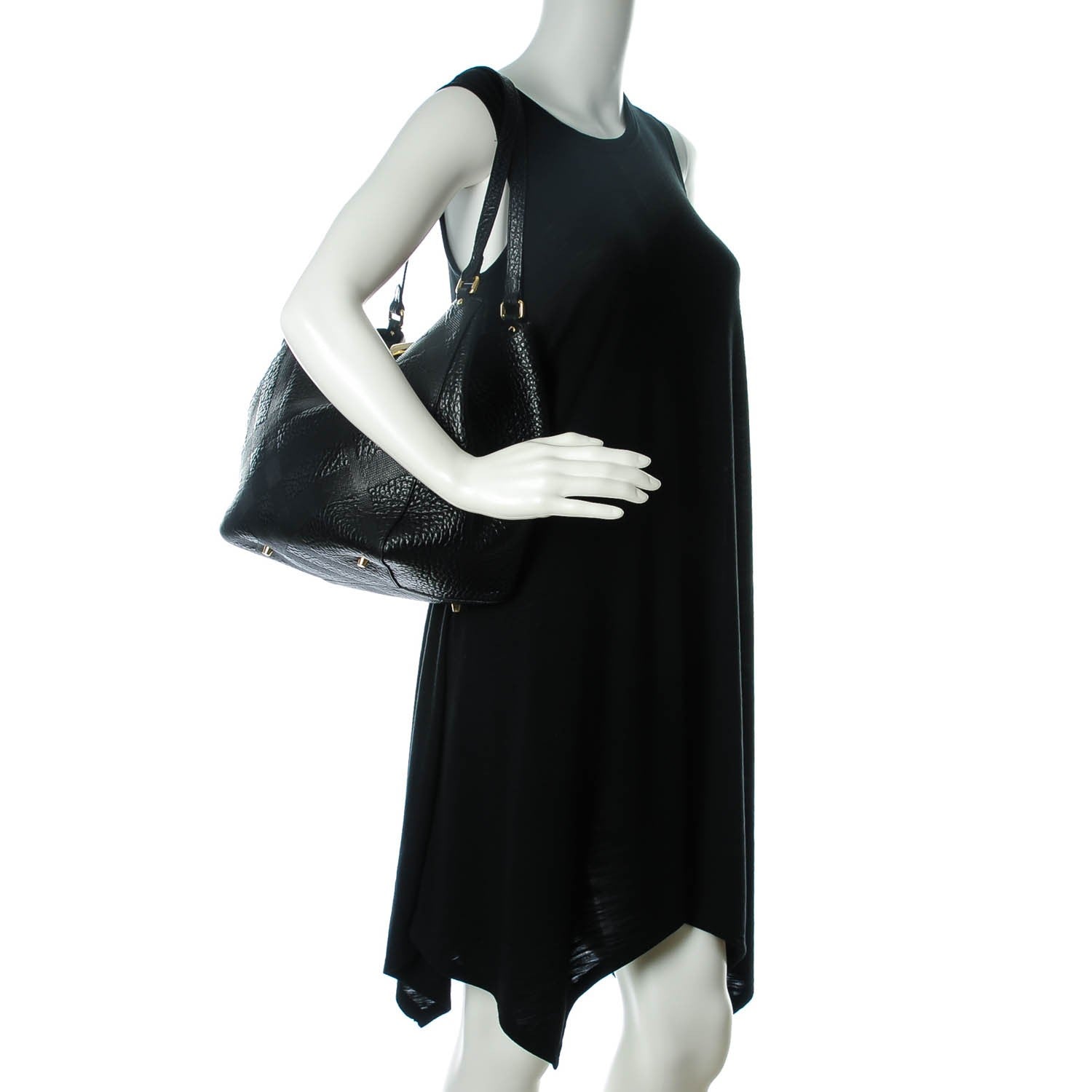 Burberry Signature Grain Calfskin Check Embossed Small Canter Tote Black 2 of 9
