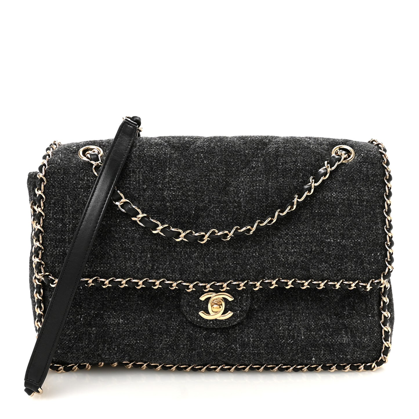 Wool Tweed Quilted Coco Neige Chain Around Flap Black