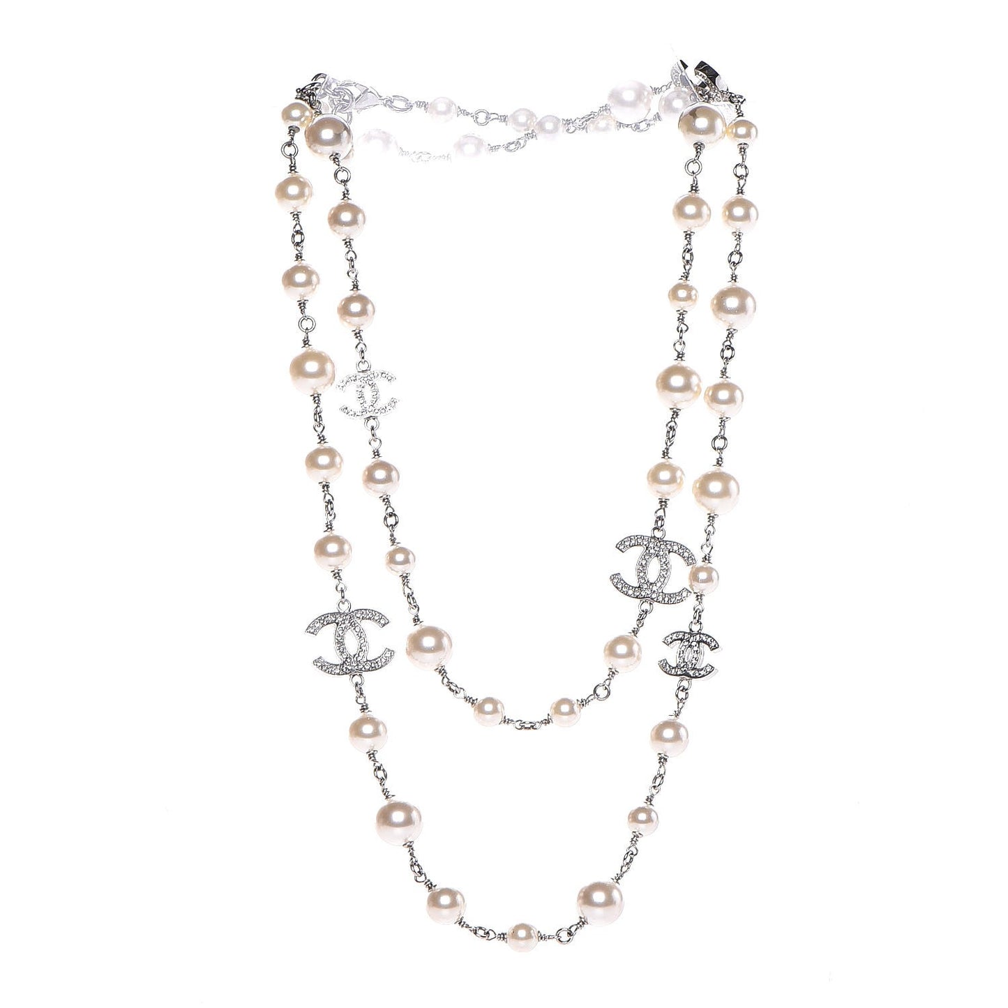 Crystal Pearl CC Long Necklace Silver