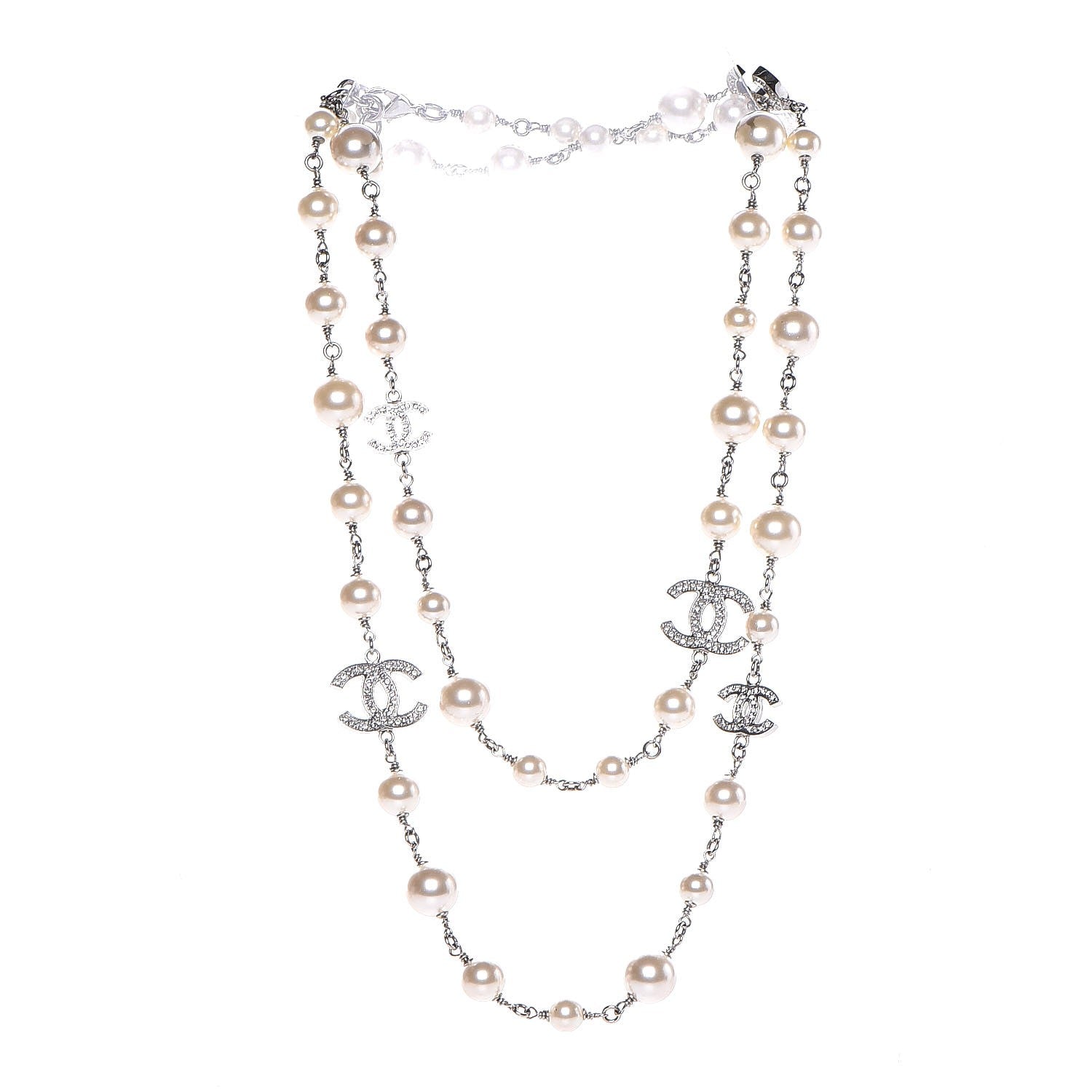 Chanel Crystal Pearl CC Long Necklace Silver 3 of 6