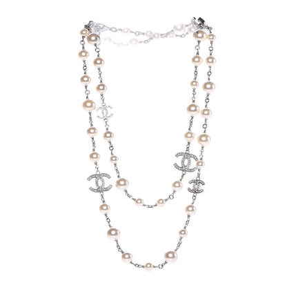 Chanel Crystal Pearl CC Long Necklace Silver 3 of 6