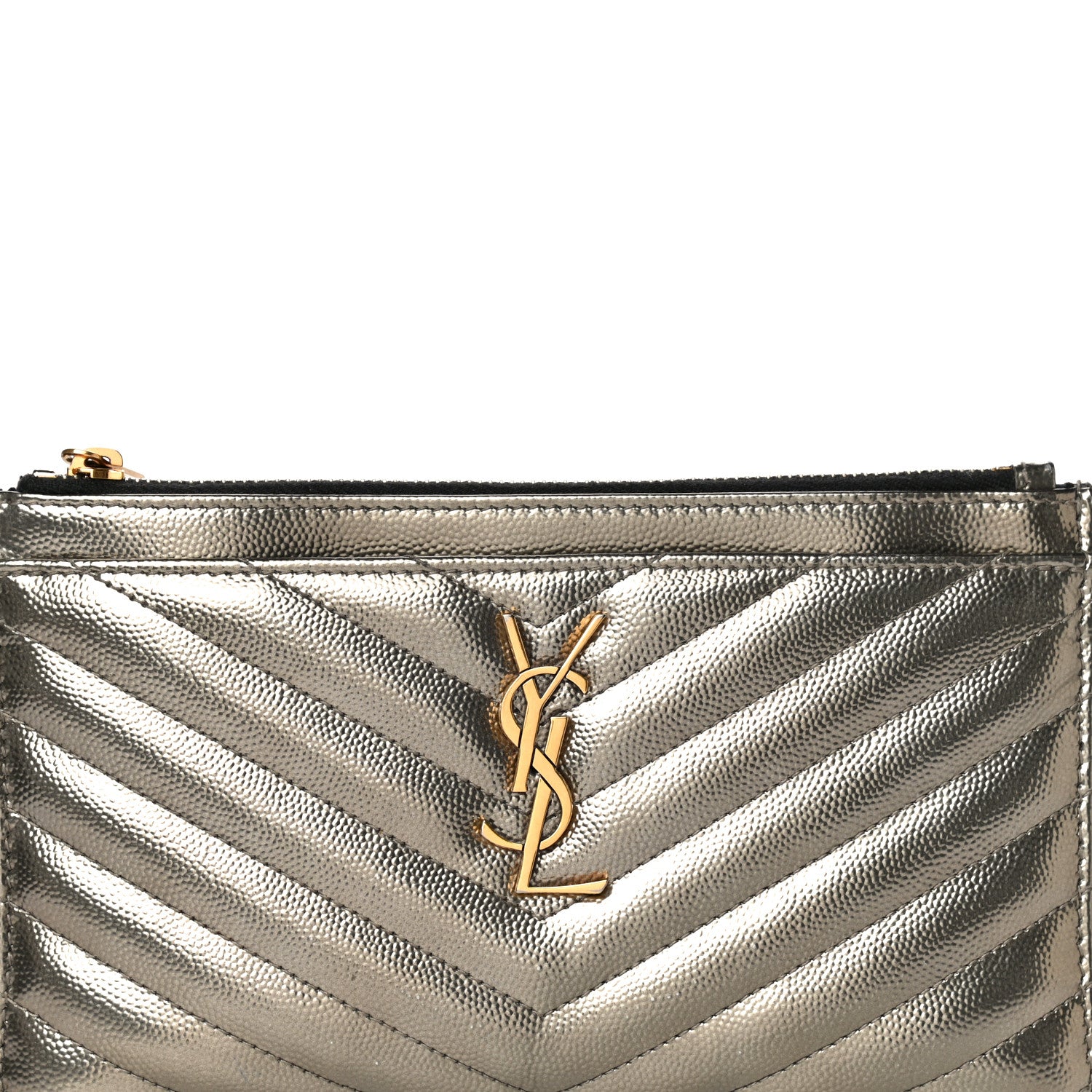 Saint Laurent Metallic Grain De Poudre Matelasse Chevron Monogram Bill Pouch Piombo 8 of 17