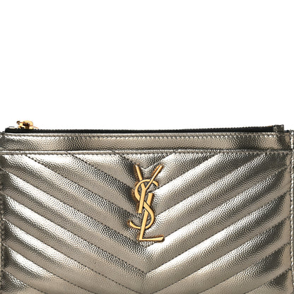 Saint Laurent Metallic Grain De Poudre Matelasse Chevron Monogram Bill Pouch Piombo 8 of 17