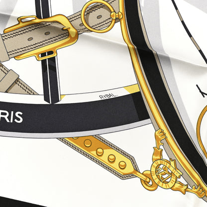 Hermes Silk En Roue Libre Scarf 90 White Black Gold 3 of 5
