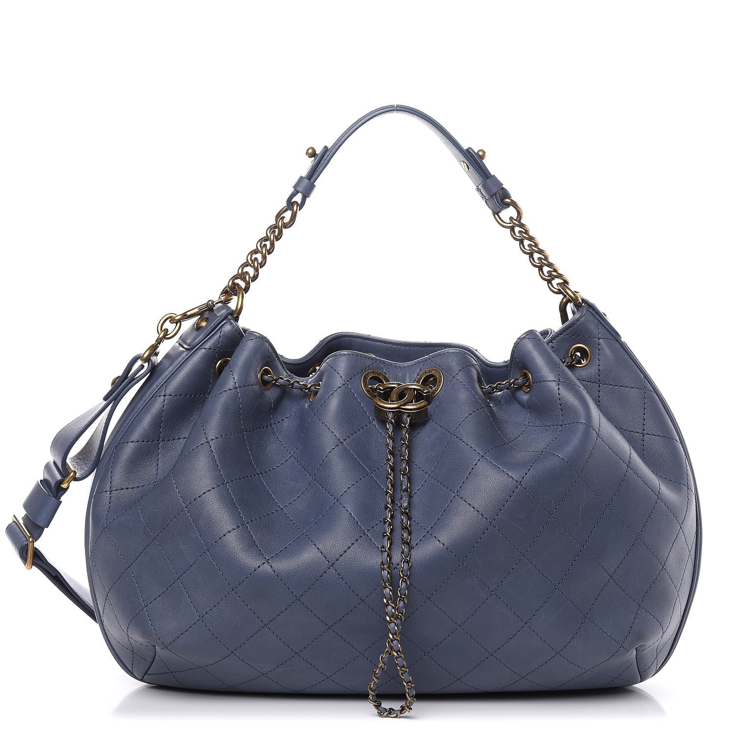 Chanel Calfskin Stitched Large Drawstring CC Bag Blue 1 of 15