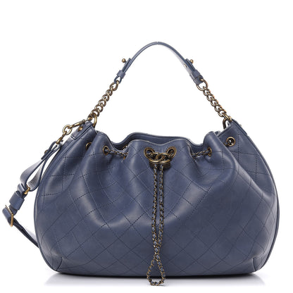 Chanel Calfskin Stitched Large Drawstring CC Bag Blue 1 of 15