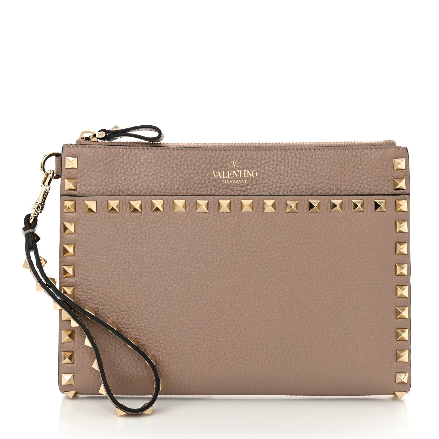 Valentino Garavani Pebbled Calfskin Medium Rockstud Flat Pouch Poudre 1 of 9