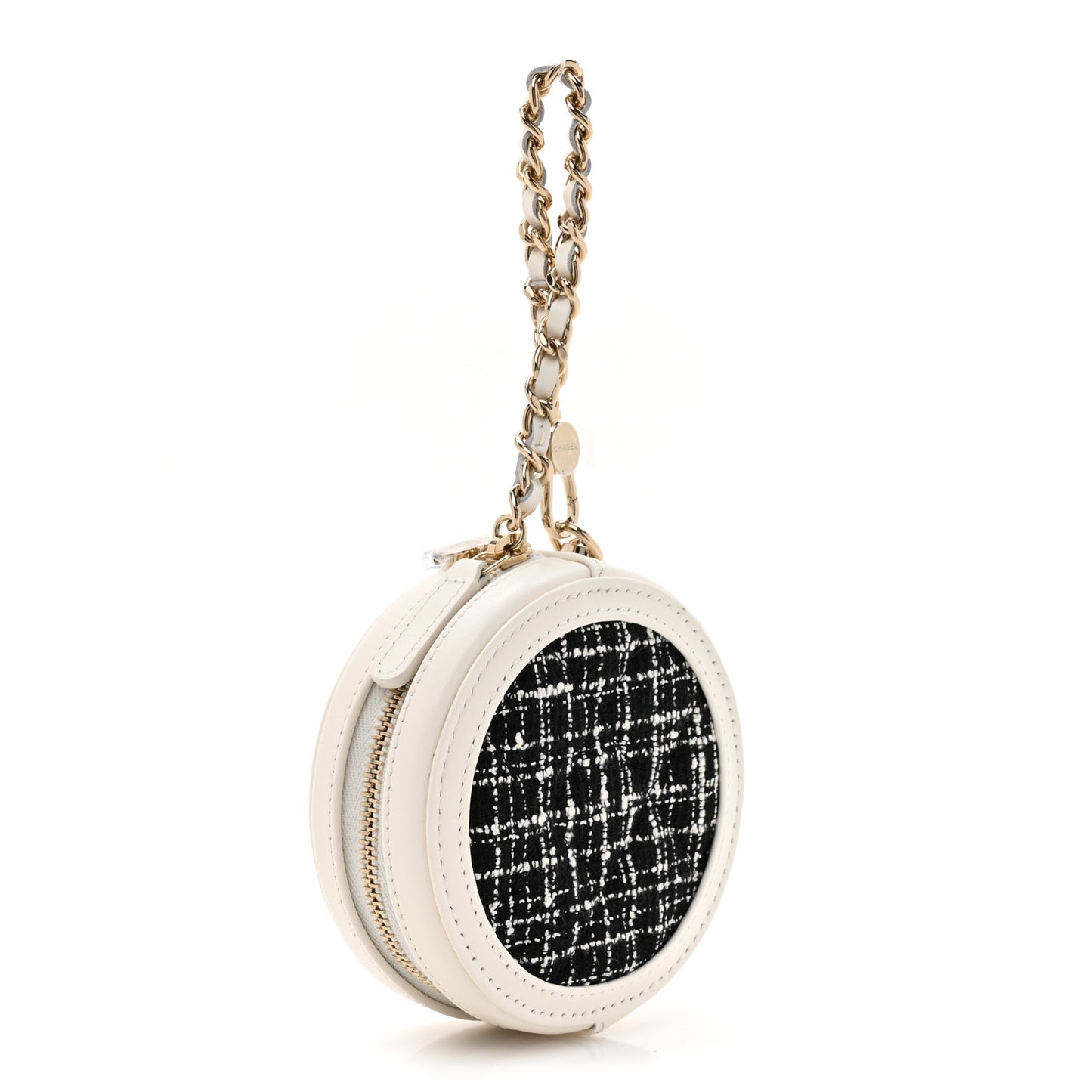 Tweed Quilted Round Filigree Pouch With Chain White Black