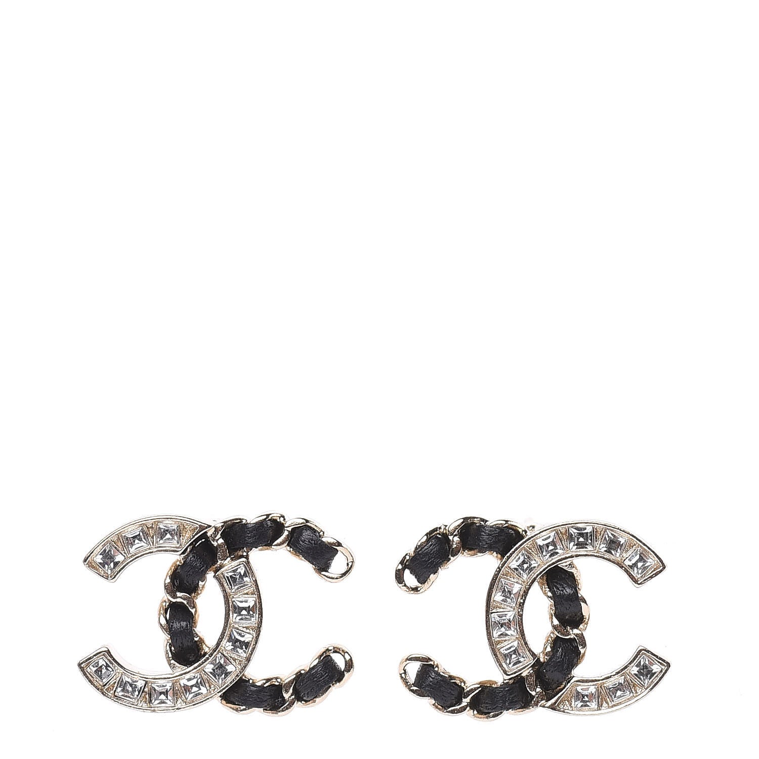Chanel Crystal Baguette Lambskin Chain CC Vintage Allure Stud Earrings Black Gold 1 of 4