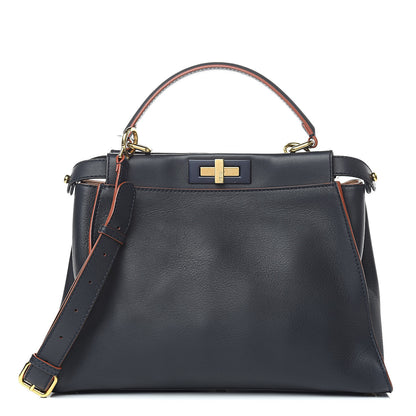 Fendi Vitello Seta Burro Medium Peekaboo Iconic Satchel Blue Notte Plaster 1 of 12
