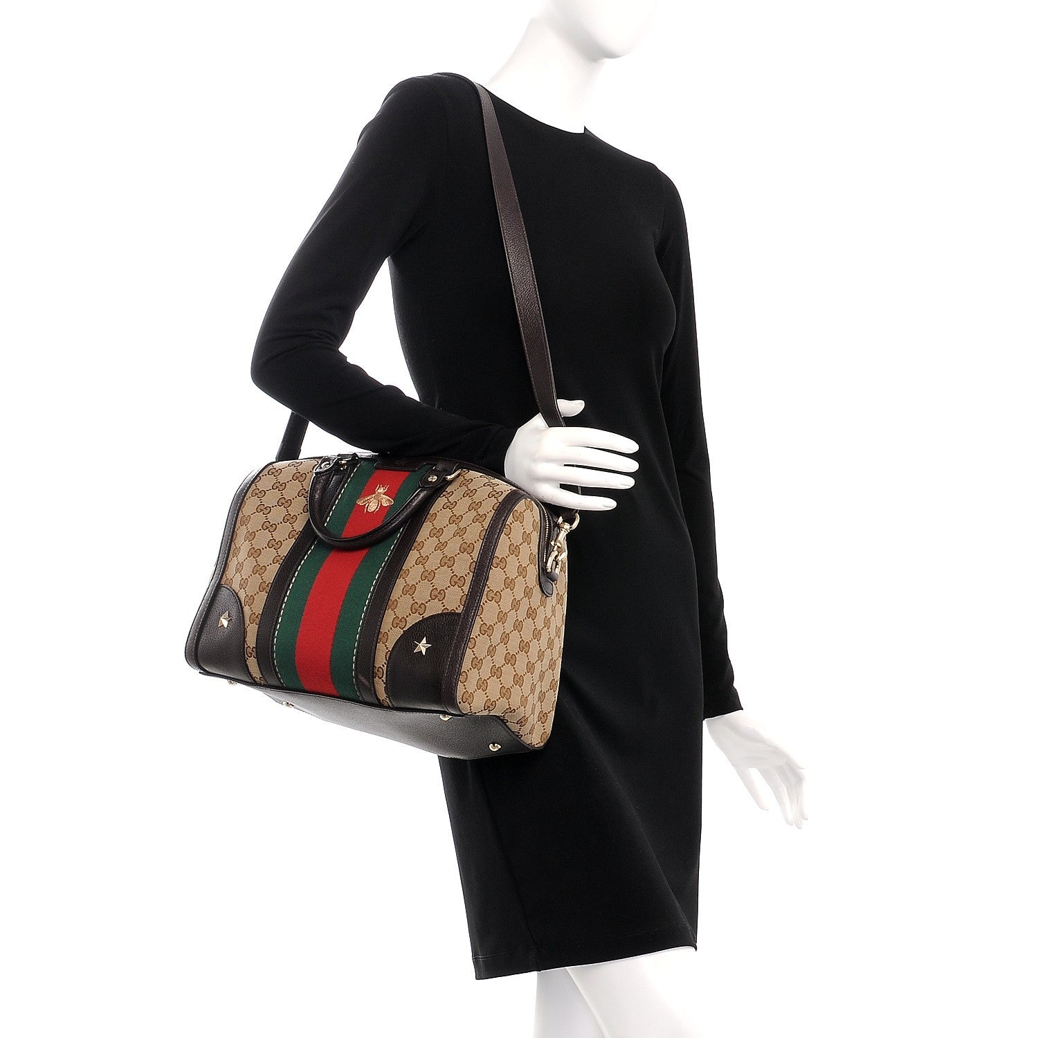 Gucci Monogram Vintage Web Medium Webby Bee Boston Dark Brown 2 of 9
