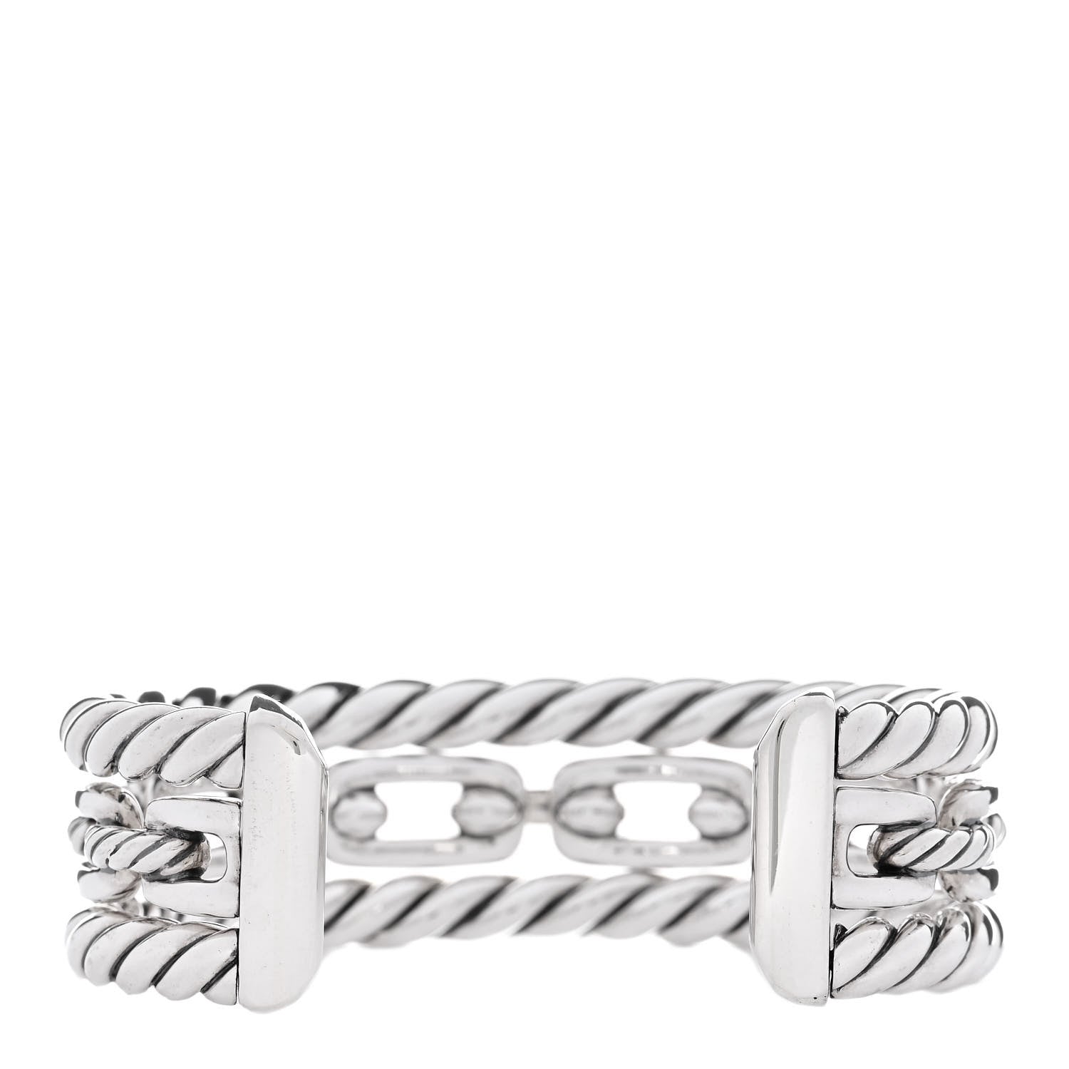 David Yurman Sterling Silver Diamond Wellesley Link Three-Row Cuff Bracelet 3 of 4