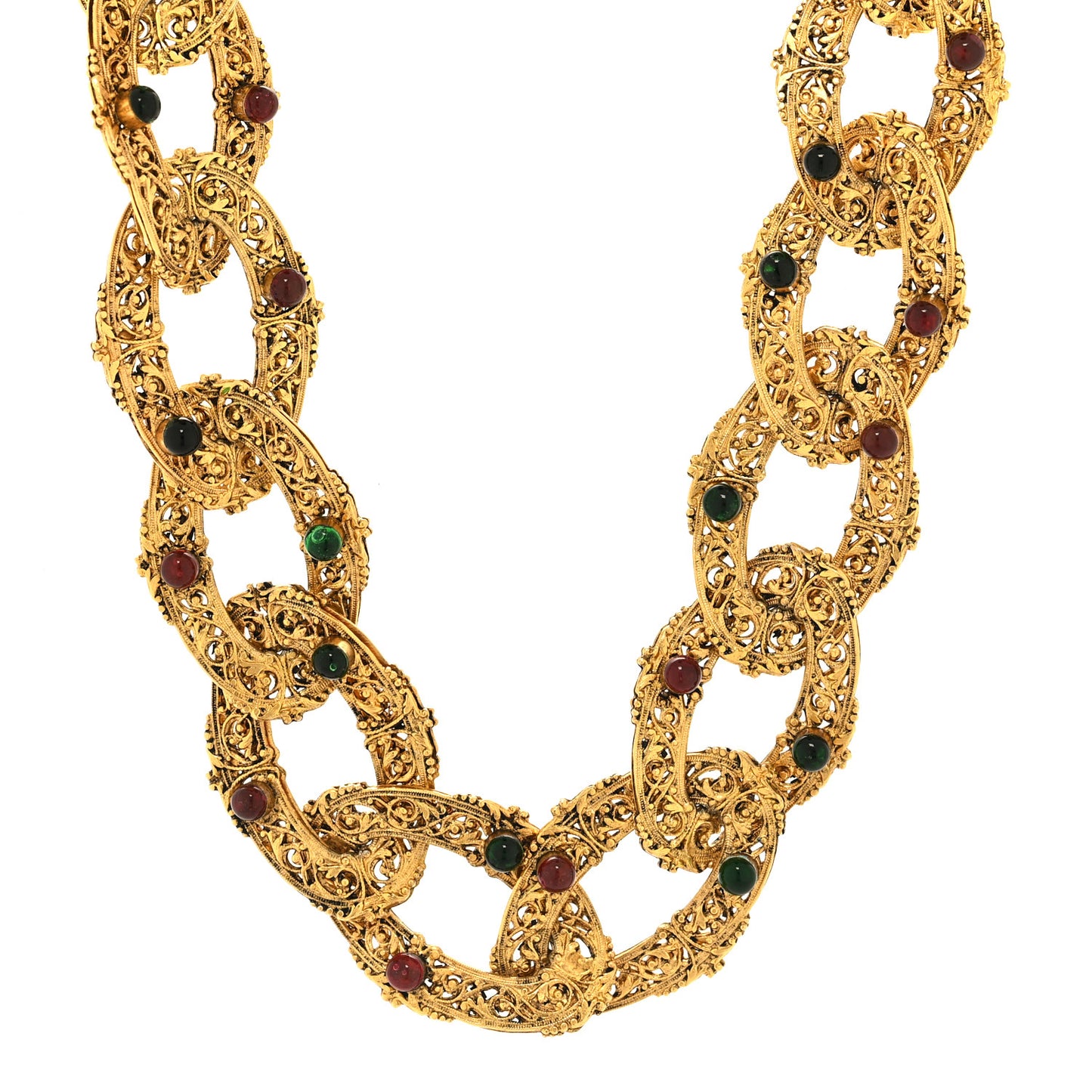 Metal Gripoix Filigree Chain Link Necklace Red Green Gold