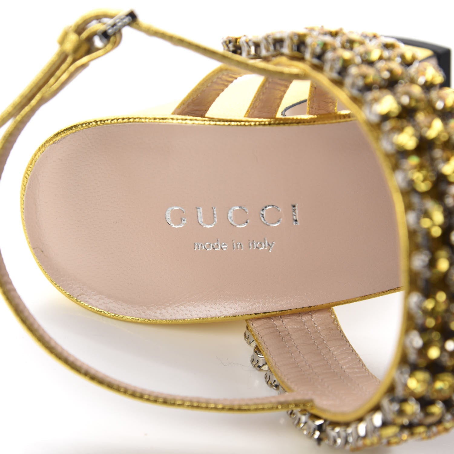 Gucci Nappa Silk Crystal Bertie High Heel Sandals 36 Gold 7 of 9