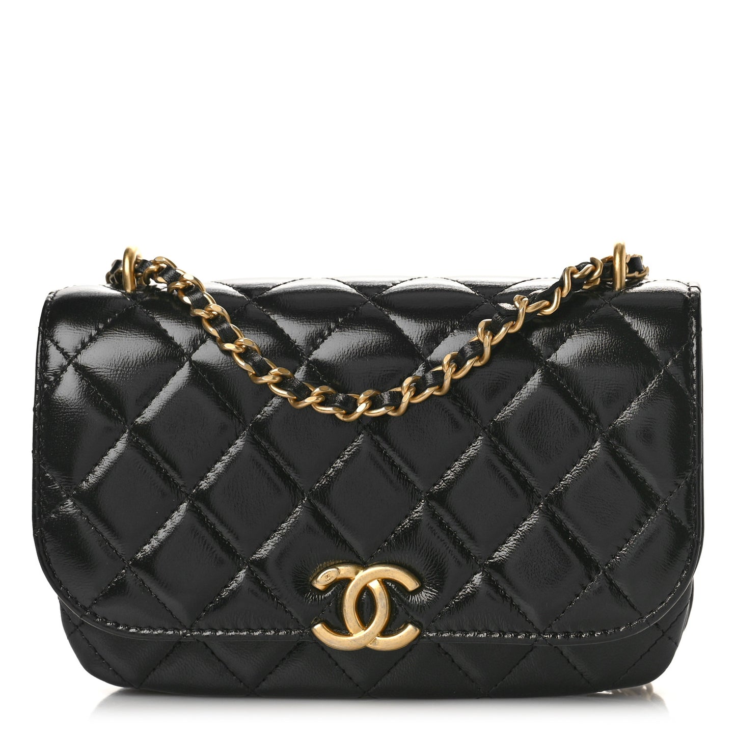 Shiny Lambskin Quilted Flap Phone Holder With Chain Black