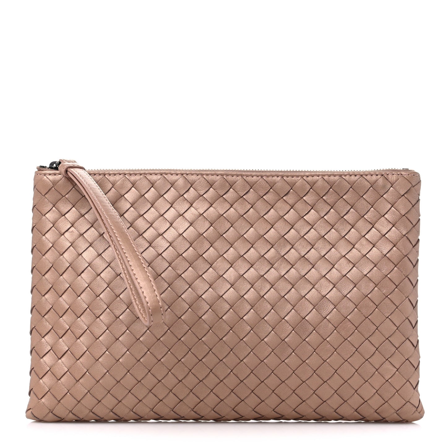 Metallic Nappa Intrecciato Wristlet Zip Pouch Rose Gold