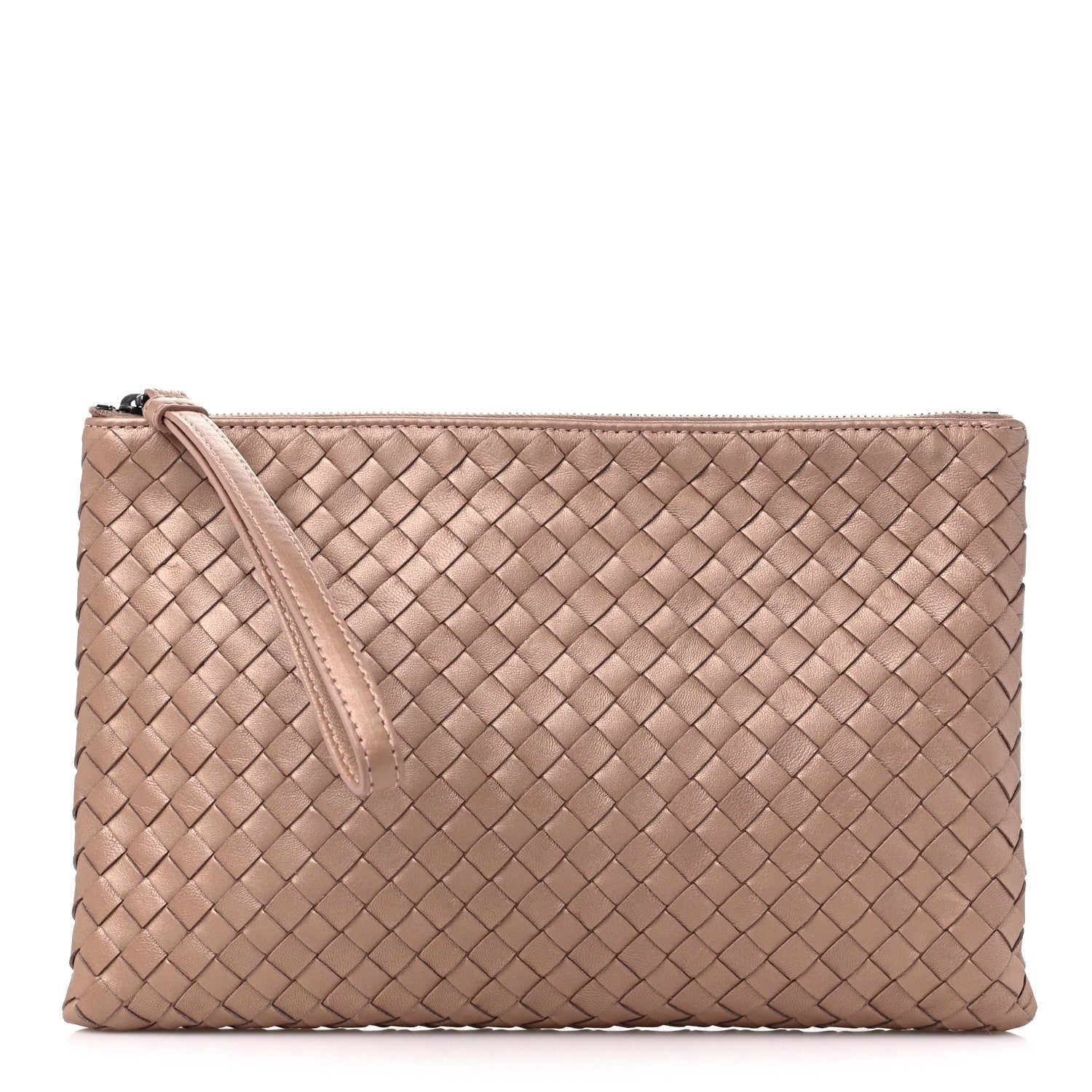 Bottega Veneta Metallic Nappa Intrecciato Wristlet Zip Pouch Rose Gold 1 of 8