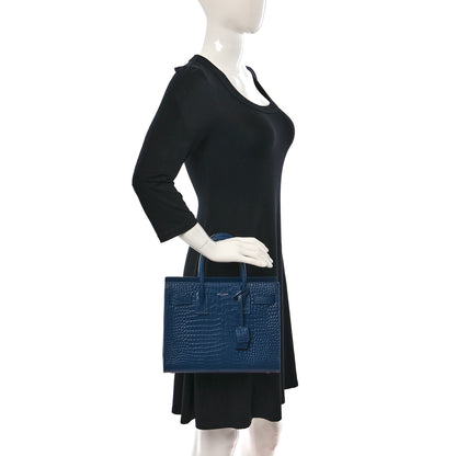Saint Laurent Calfskin Crocodile Embossed Small Sac de Jour Blue 3 of 14